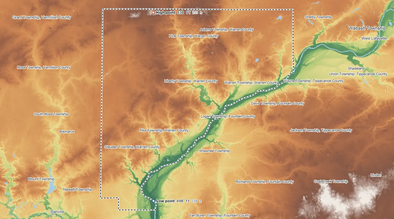 Topographic elevation map of Warren County, Indiana, shaded from 490 ft on the southwest side to 830 ft on the northwest side