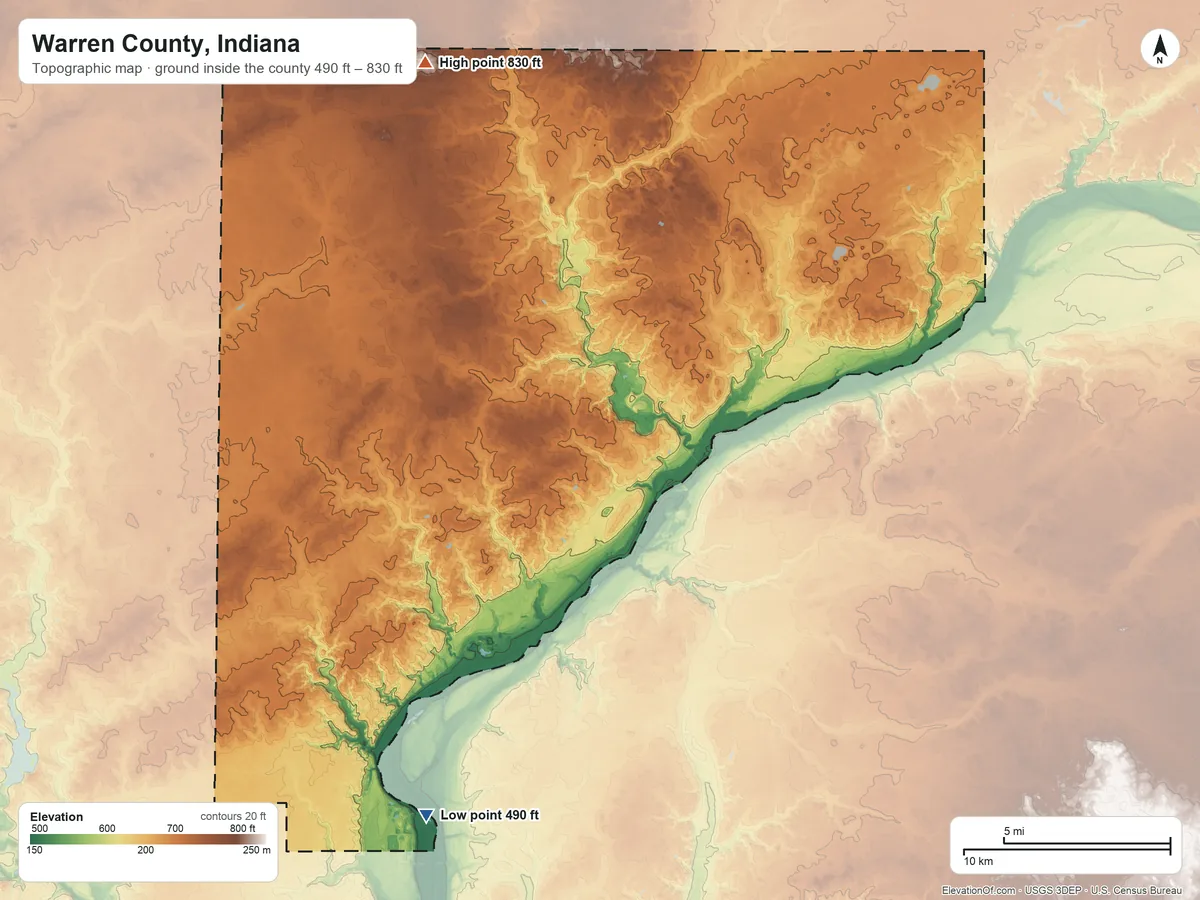 Topographic elevation map of Warren County, Indiana, shaded from 490 ft on the southwest side to 830 ft on the northwest side