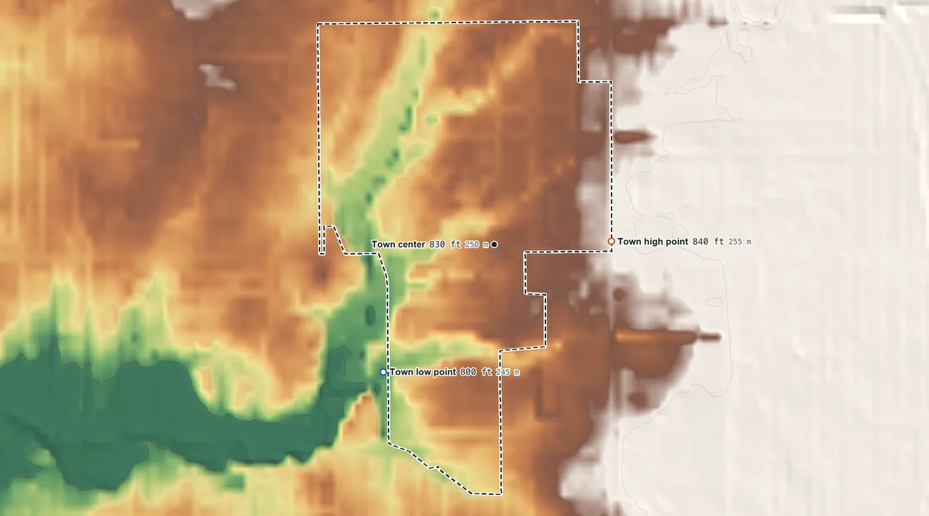 Topographic elevation map of Warren Park, Indiana, shaded from 800 ft on the southwest side to 840 ft on the east side
