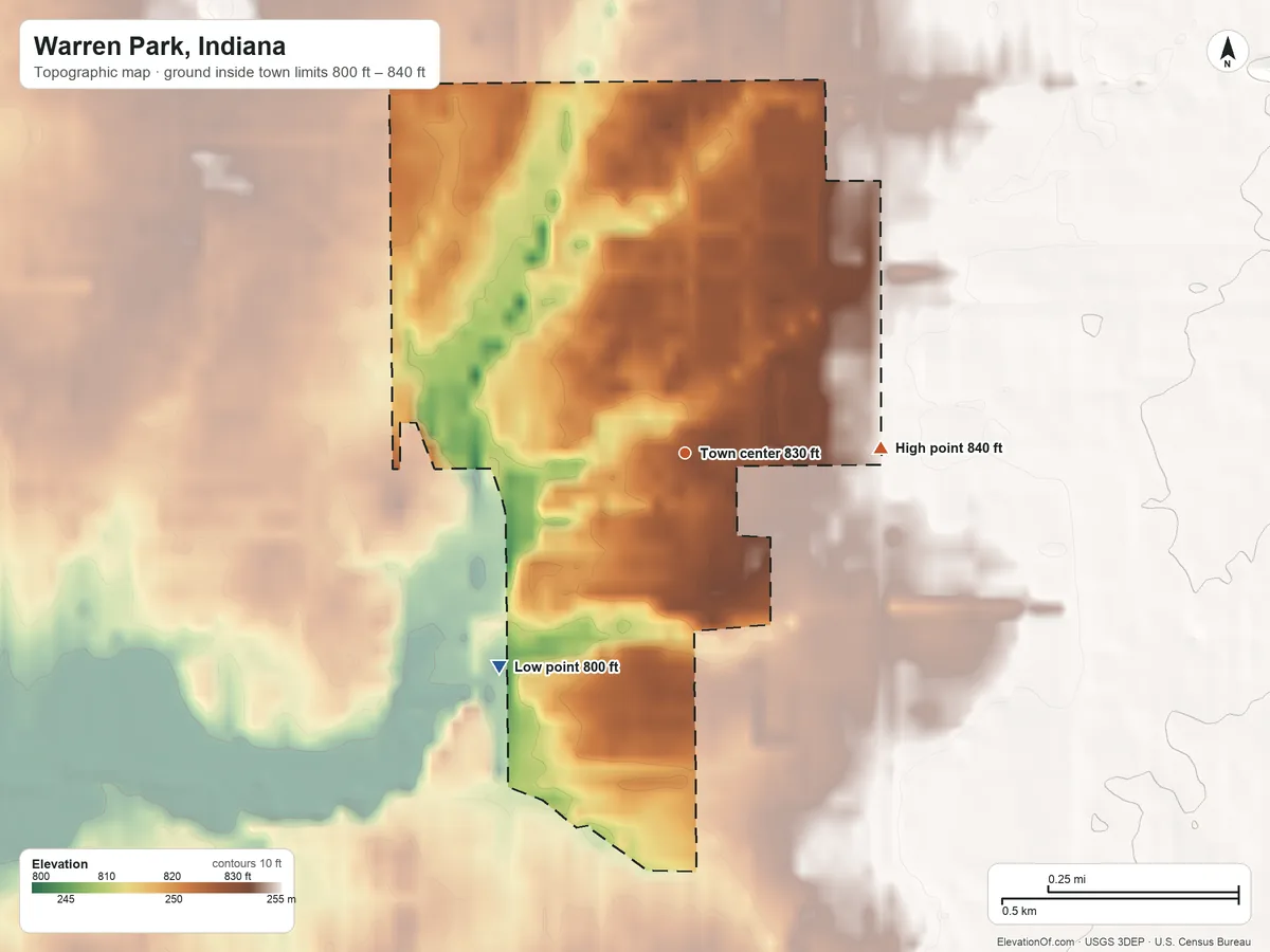 Topographic elevation map of Warren Park, Indiana, shaded from 800 ft on the southwest side to 840 ft on the east side
