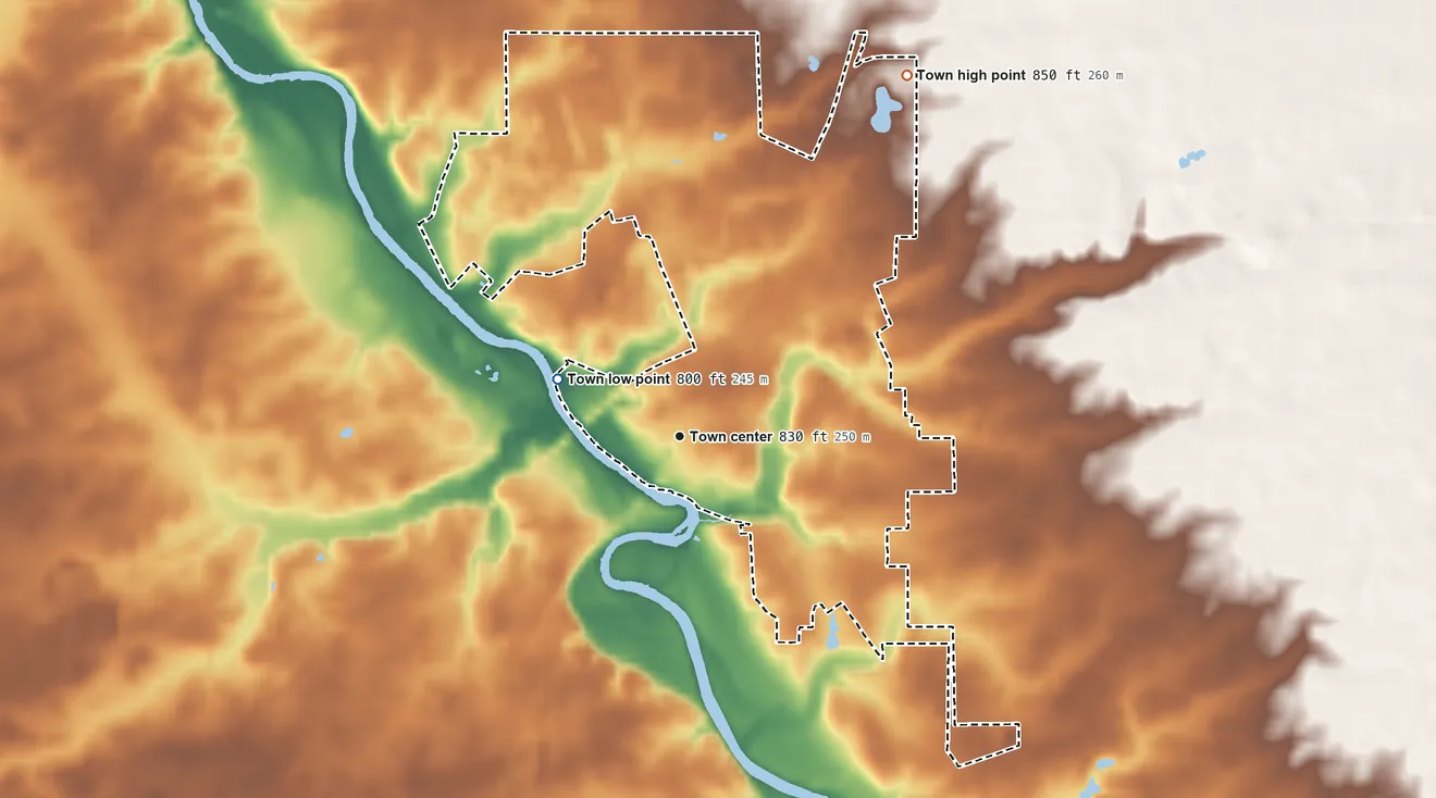 Topographic elevation map of Warren, Indiana, shaded from 800 ft on the northwest side to 850 ft on the northeast side