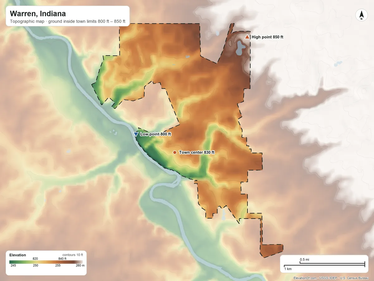 Topographic elevation map of Warren, Indiana, shaded from 800 ft on the northwest side to 850 ft on the northeast side