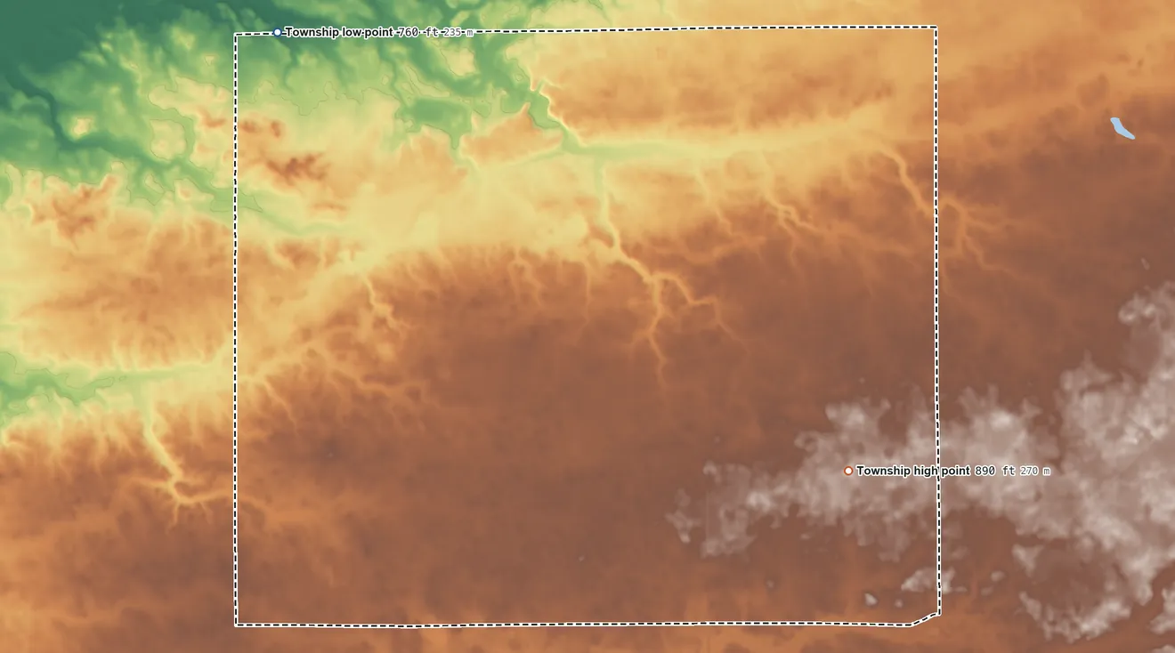 Topographic elevation map of Warren Township, Clinton County, Indiana, shaded from 760 ft on the northwest side to 890 ft on the southeast side