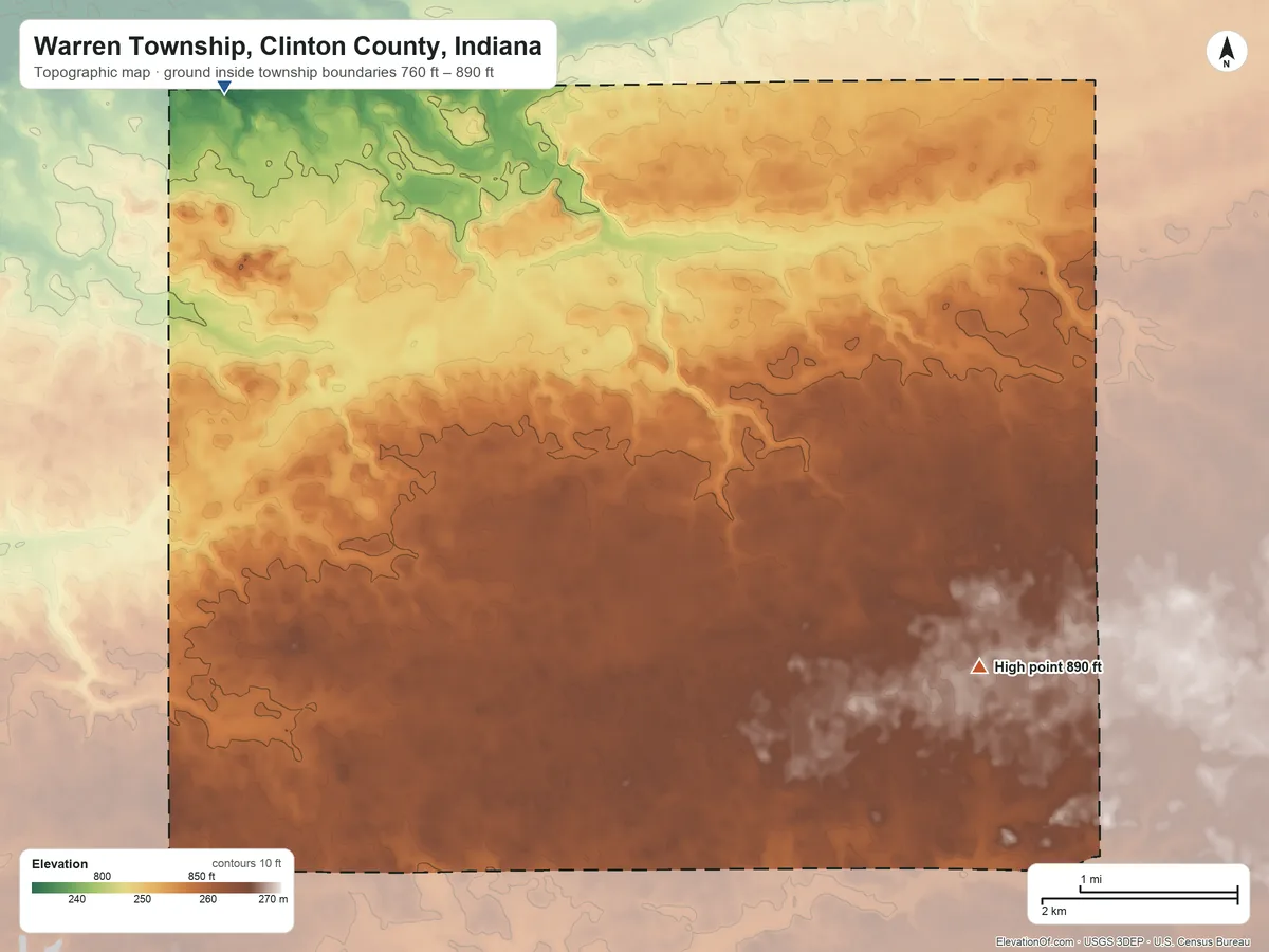 Topographic elevation map of Warren Township, Clinton County, Indiana, shaded from 760 ft on the northwest side to 890 ft on the southeast side