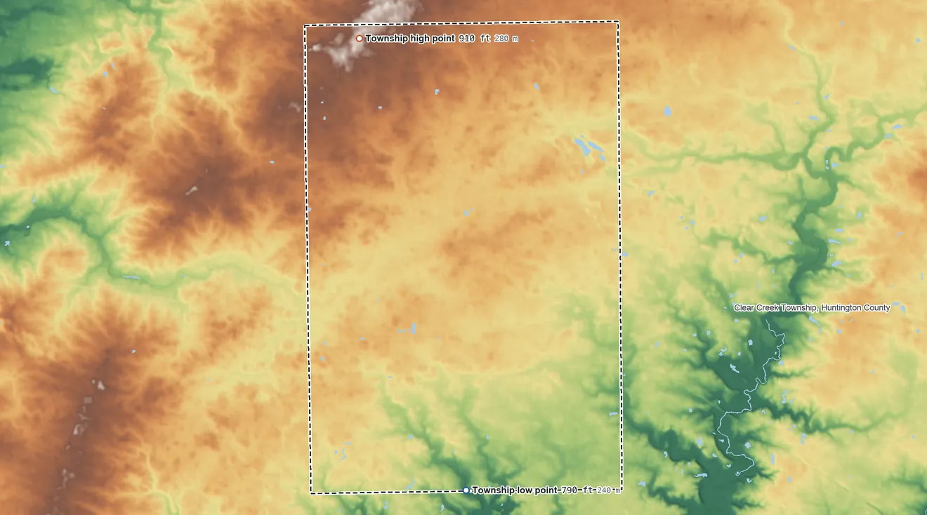 Topographic elevation map of Warren Township, Huntington County, Indiana, shaded from 790 ft on the south side to 910 ft on the north side