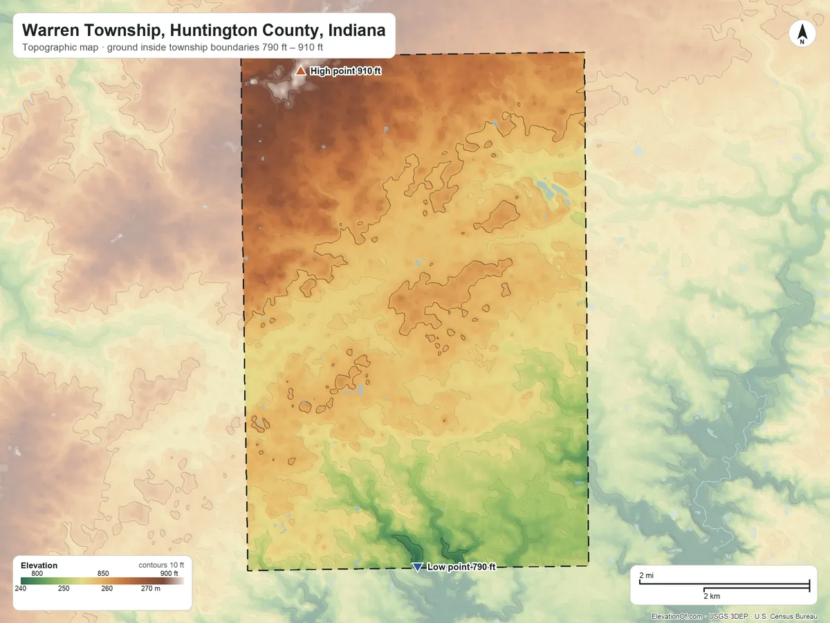 Topographic elevation map of Warren Township, Huntington County, Indiana, shaded from 790 ft on the south side to 910 ft on the north side