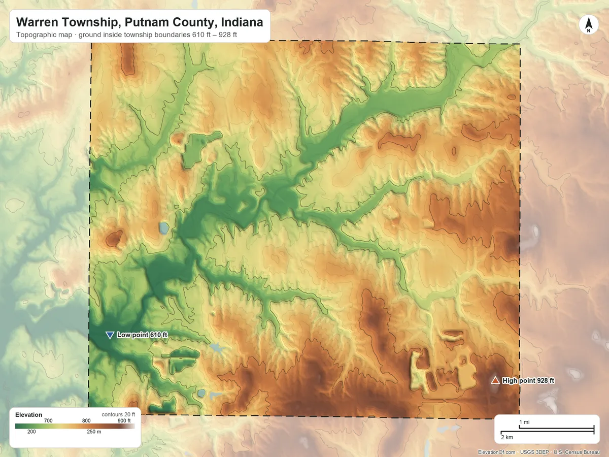 Topographic elevation map of Warren Township, Putnam County, Indiana, shaded from 610 ft on the southwest side to 928 ft on McCoy Hill
