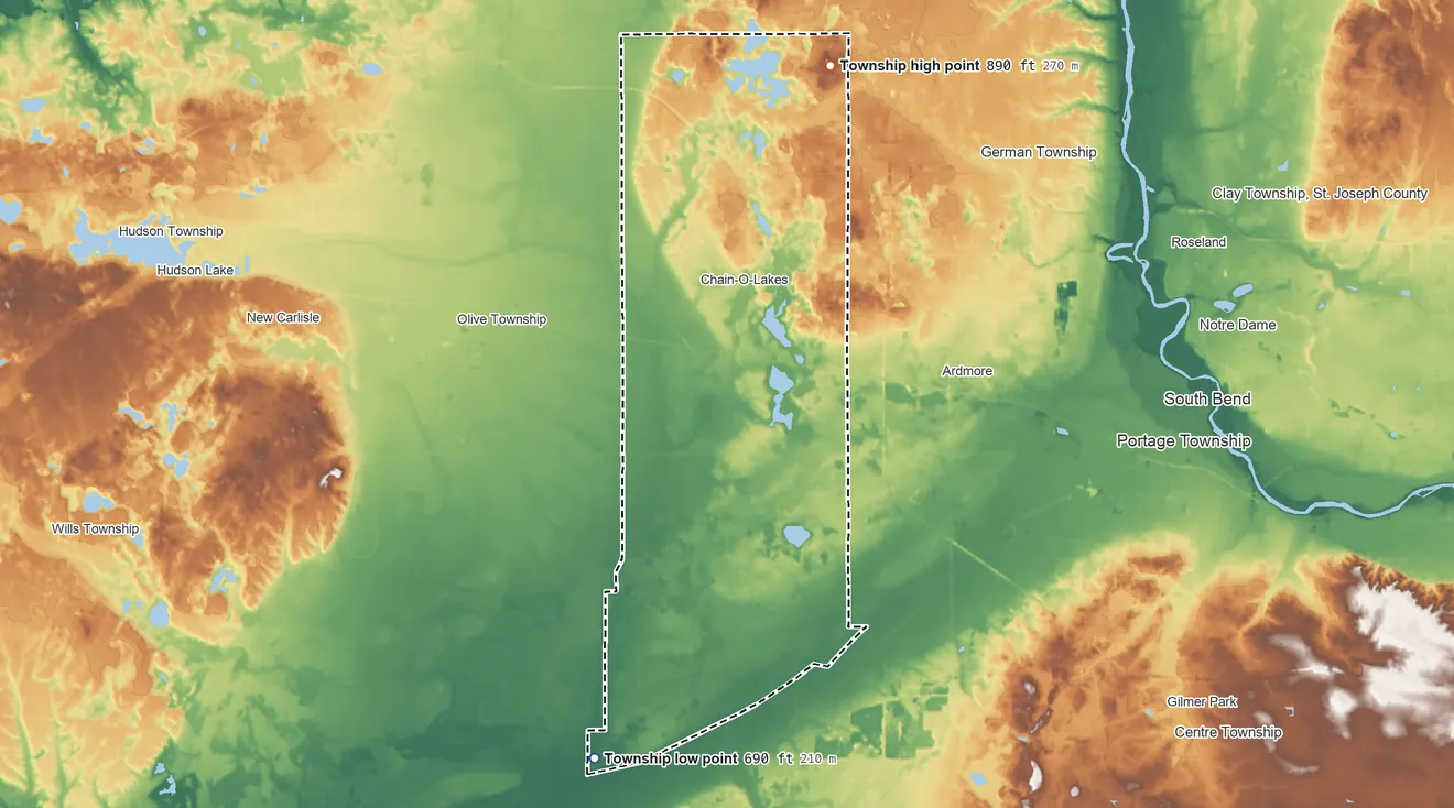 Topographic elevation map of Warren Township, St. Joseph County, Indiana, shaded from 690 ft on the southwest side to 890 ft on the north side