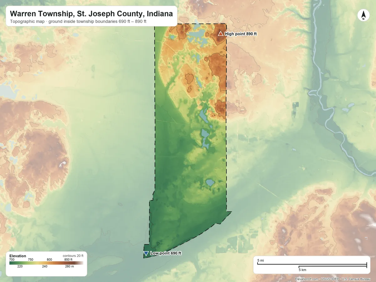 Topographic elevation map of Warren Township, St. Joseph County, Indiana, shaded from 690 ft on the southwest side to 890 ft on the north side
