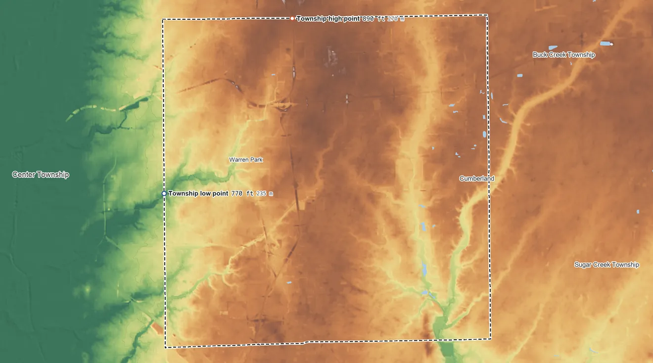 Topographic elevation map of Warren Township, Indiana, shaded from 770 ft on the west side to 890 ft on the north side