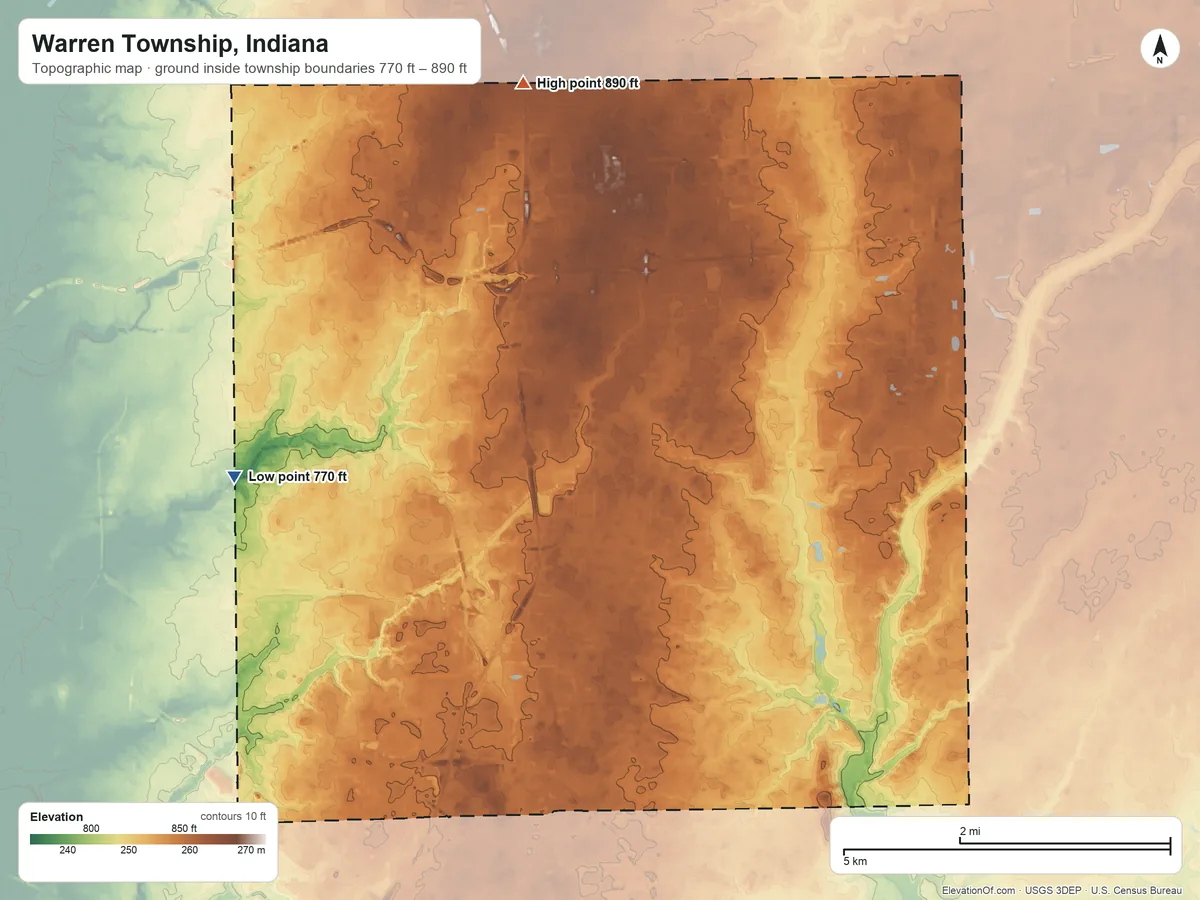 Topographic elevation map of Warren Township, Indiana, shaded from 770 ft on the west side to 890 ft on the north side