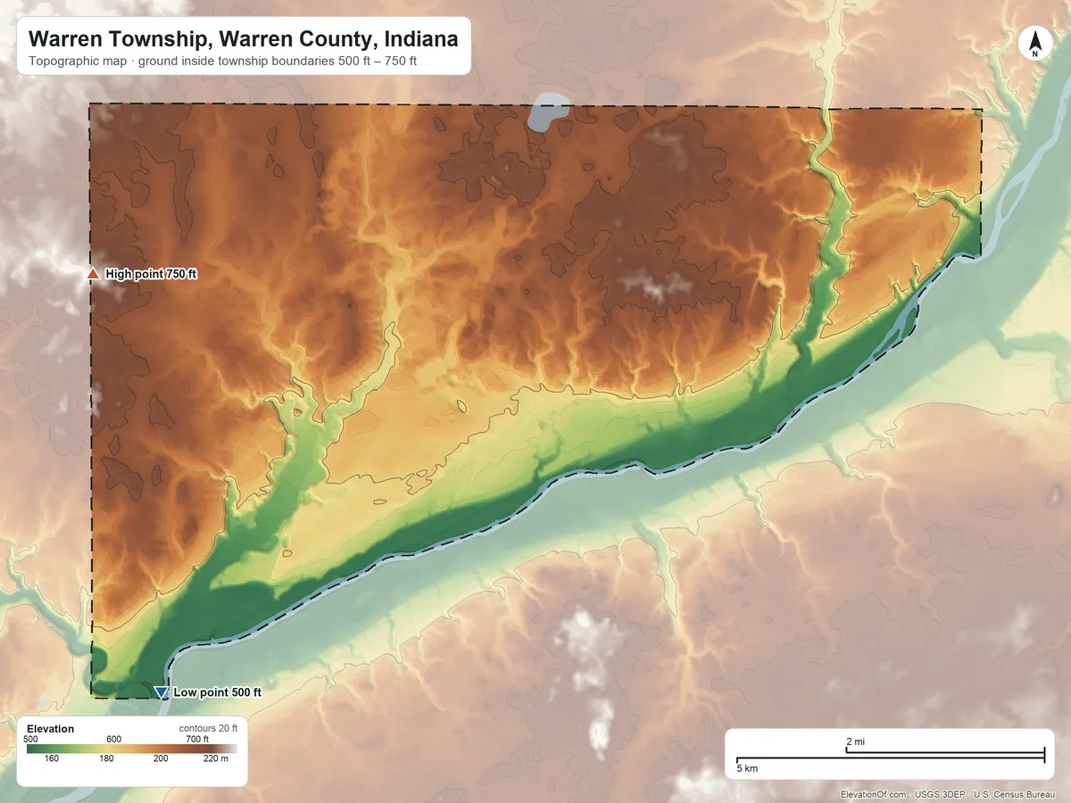 Topographic elevation map of Warren Township, Warren County, Indiana, shaded from 500 ft on the southwest side to 750 ft on the west side