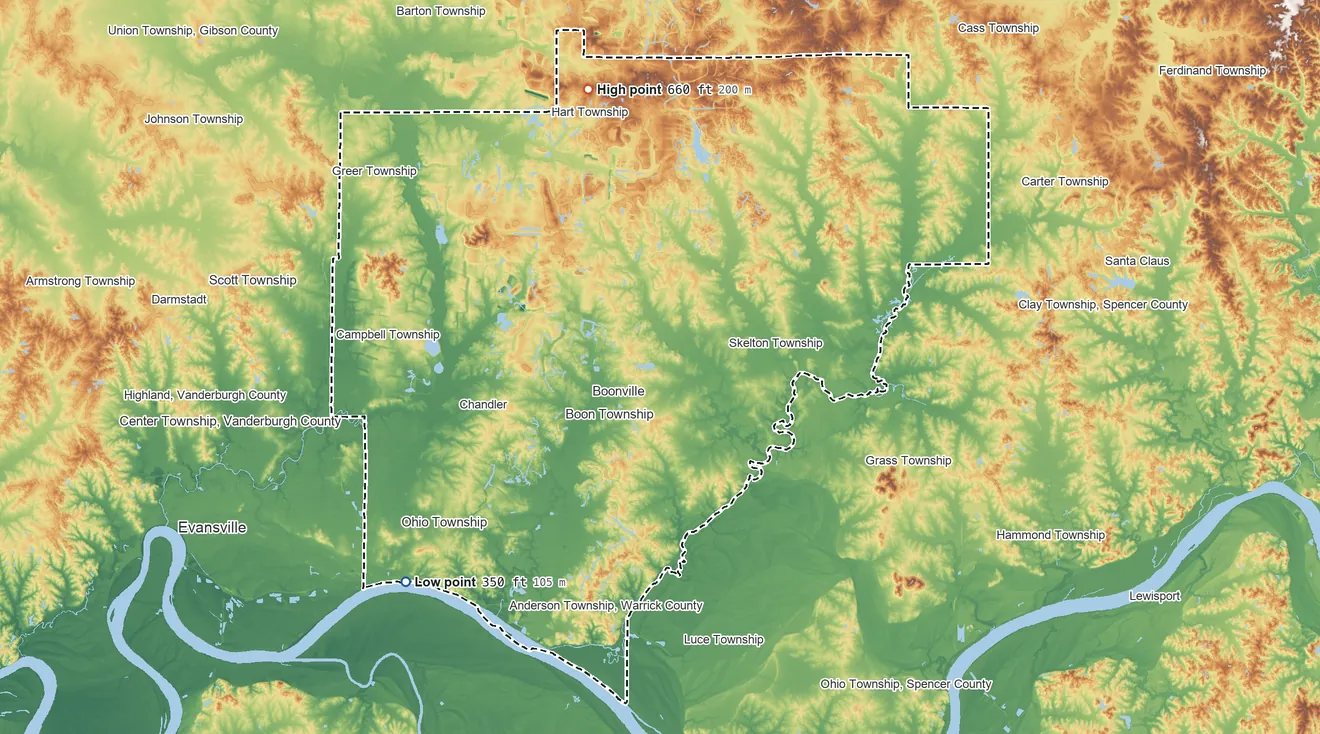 Topographic elevation map of Warrick County, Indiana, shaded from 350 ft on the southwest side to 660 ft on the north side