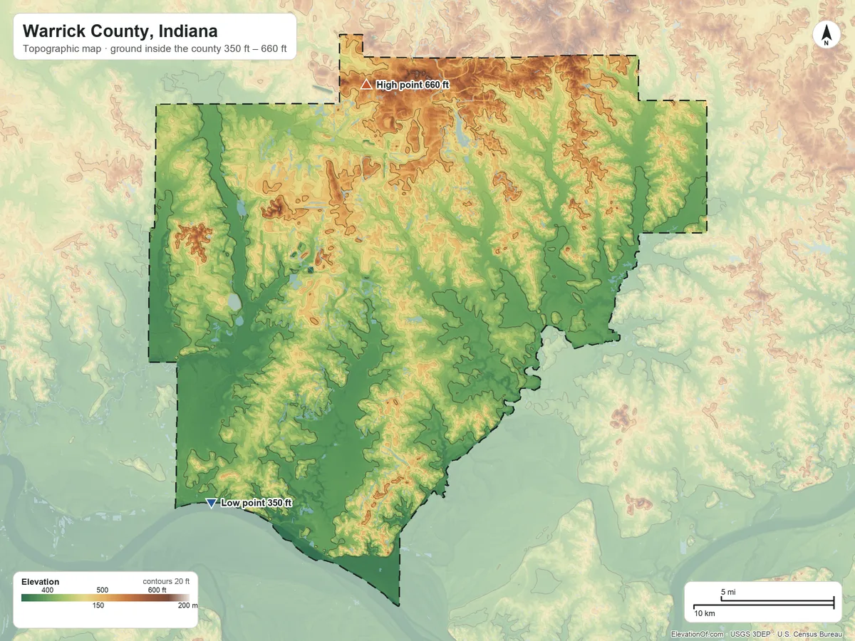 Topographic elevation map of Warrick County, Indiana, shaded from 350 ft on the southwest side to 660 ft on the north side