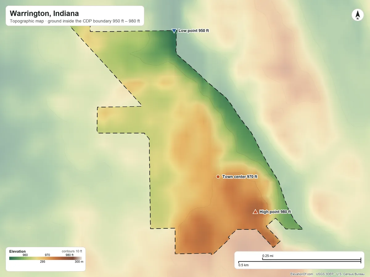 Topographic elevation map of Warrington, Indiana, shaded from 950 ft on the north side to 980 ft on the southeast side