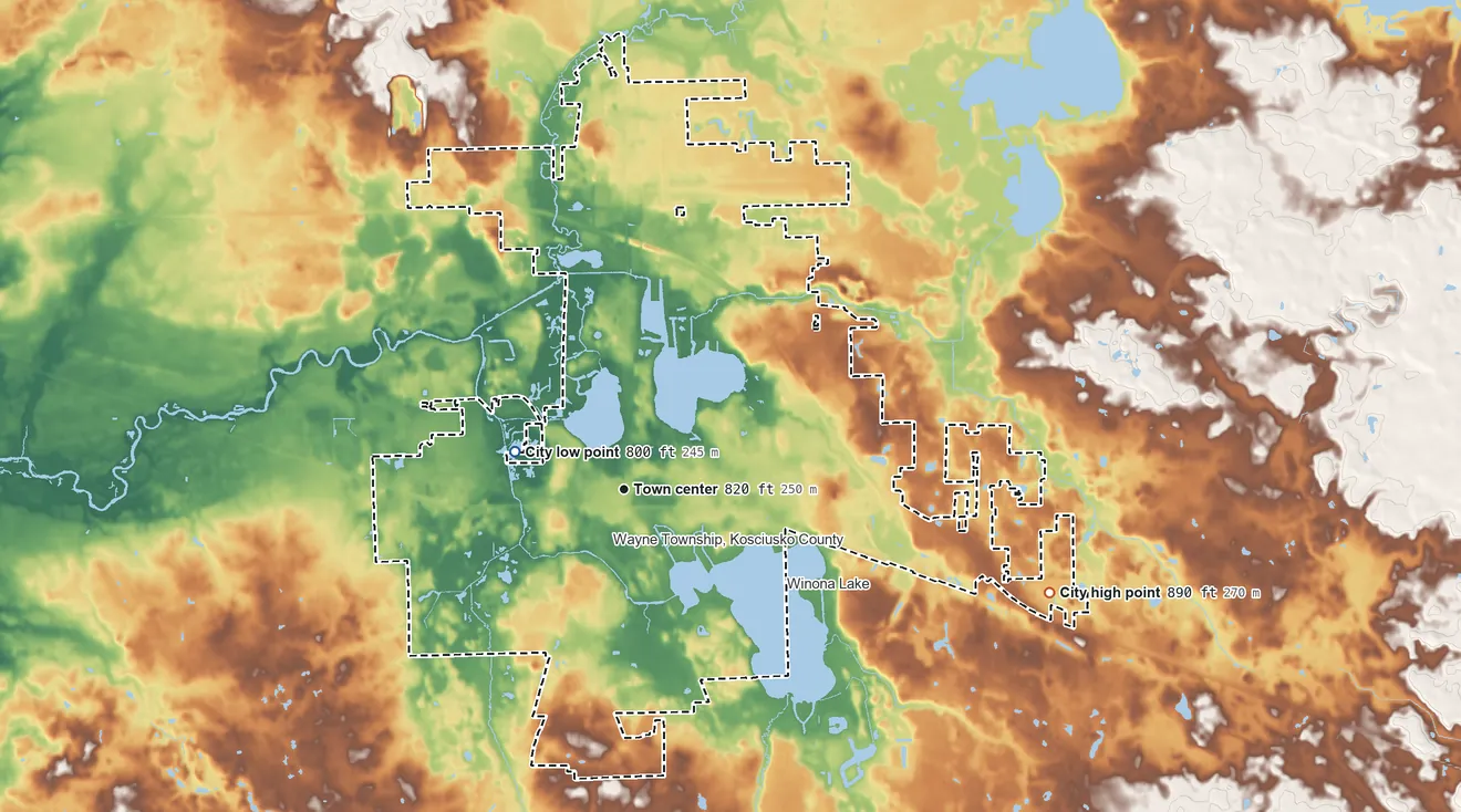 Topographic elevation map of Warsaw, Indiana, shaded from 800 ft on the west side to 890 ft on the east side
