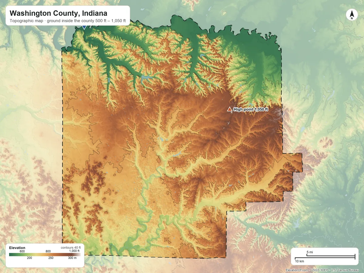 Topographic elevation map of Washington County, Indiana, shaded from 500 ft on the northwest side to 1,050 ft on the northeast side