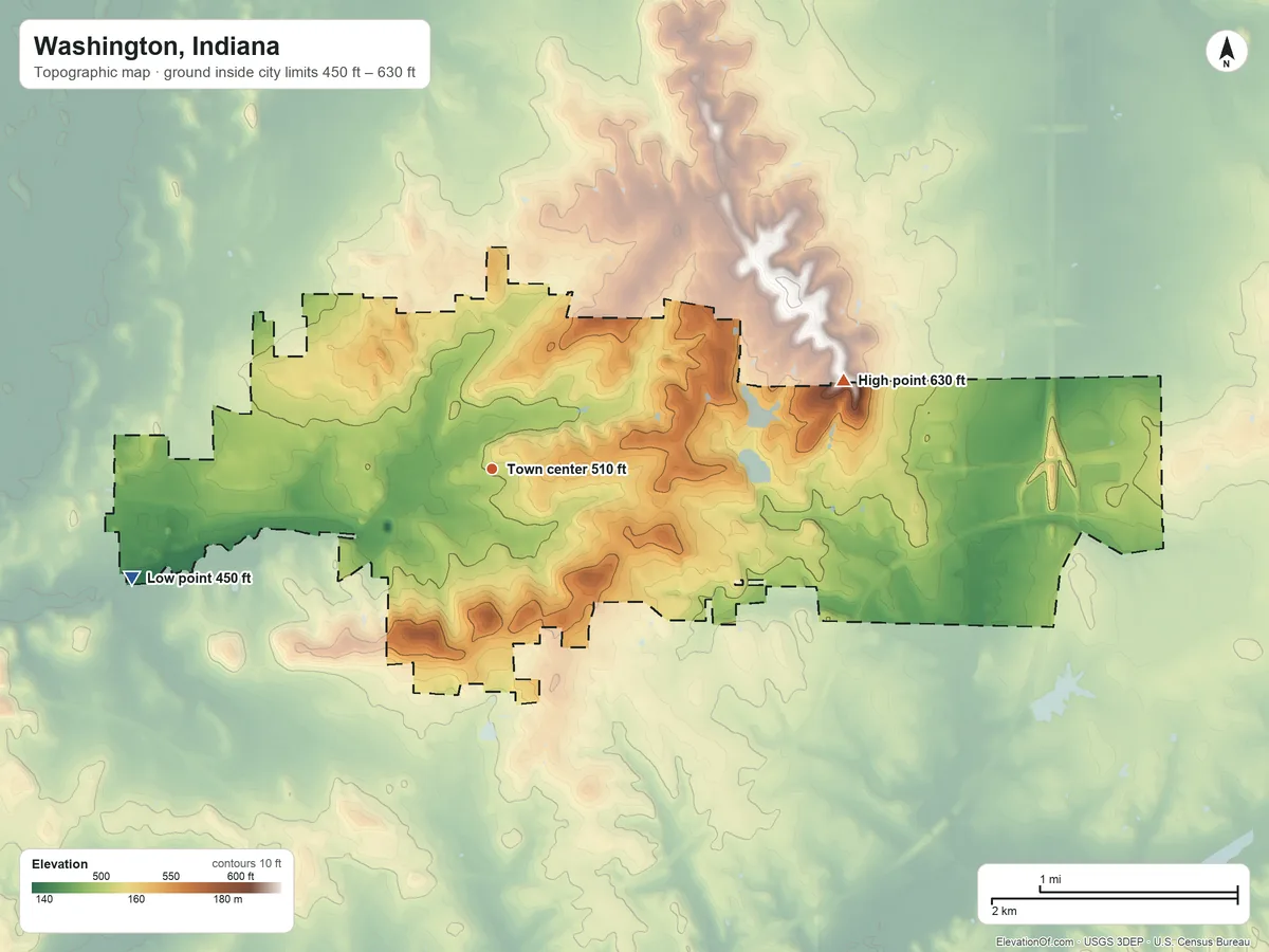 Topographic elevation map of Washington, Indiana, shaded from 450 ft on the west side to 630 ft on the east side