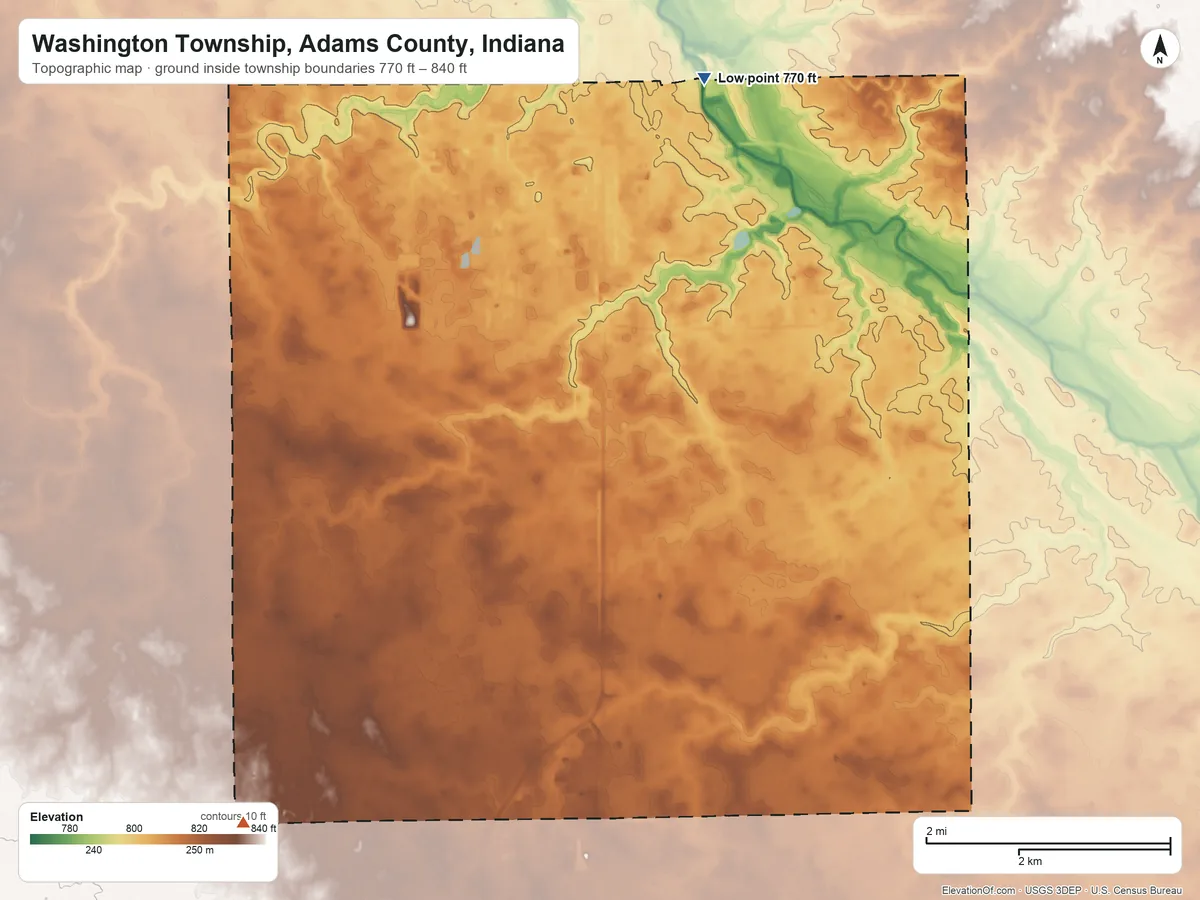Topographic elevation map of Washington Township, Adams County, Indiana, shaded from 770 ft on the northeast side to 840 ft on the southwest side