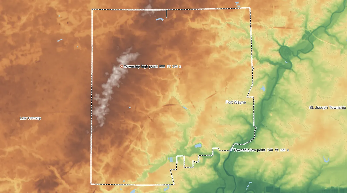 Topographic elevation map of Washington Township, Allen County, Indiana, shaded from 740 ft on the southeast side to 900 ft on the west side