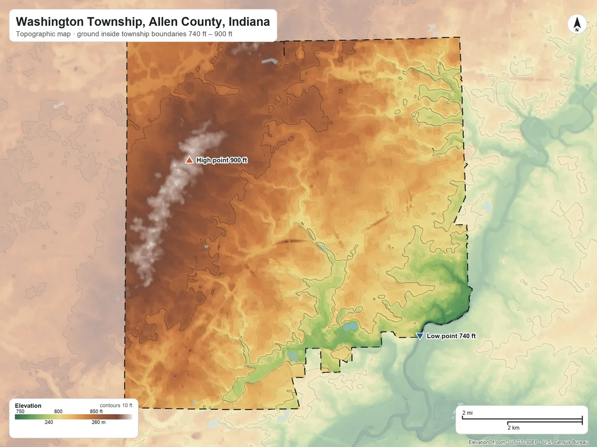 Topographic elevation map of Washington Township, Allen County, Indiana, shaded from 740 ft on the southeast side to 900 ft on the west side