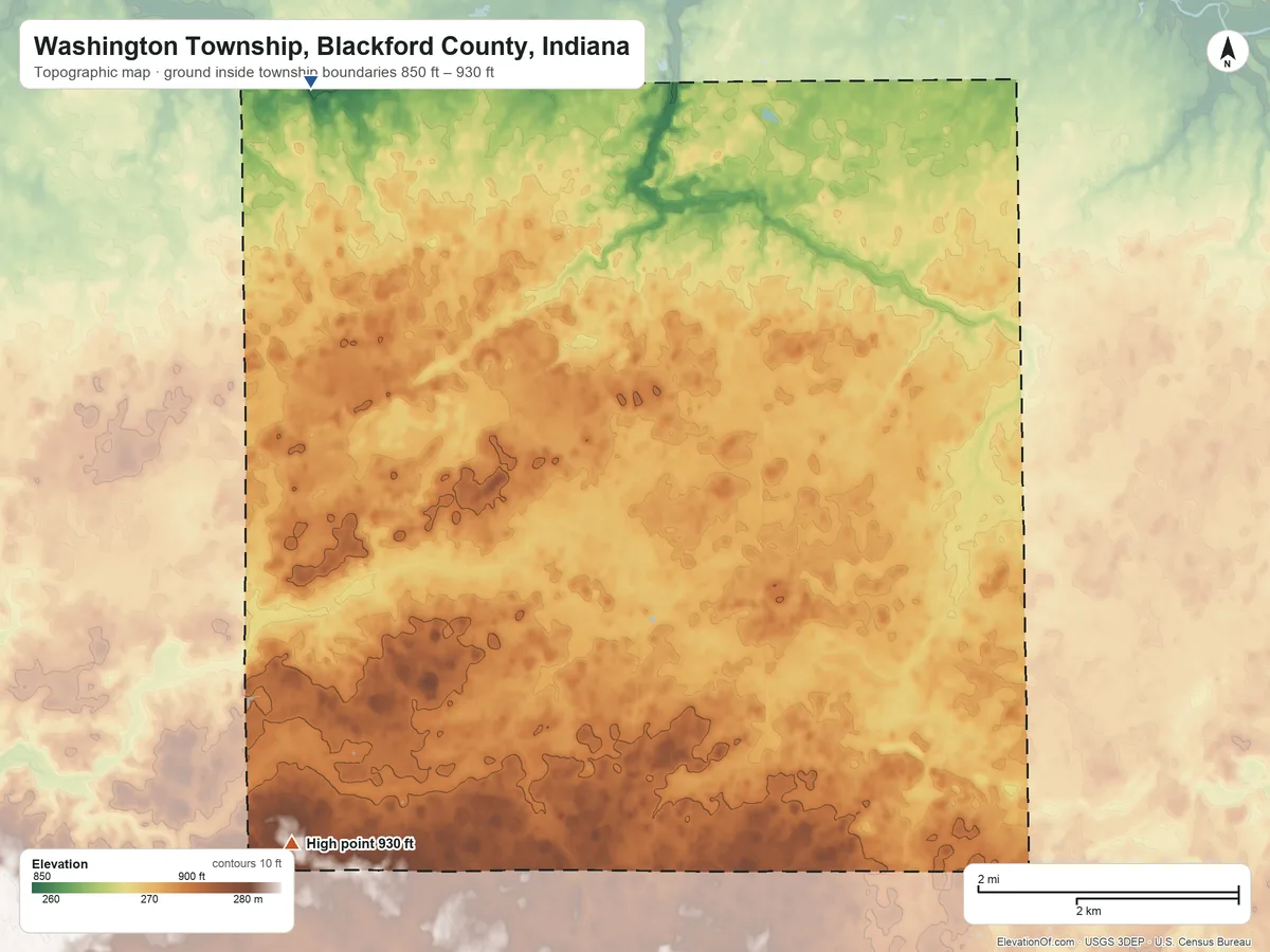 Topographic elevation map of Washington Township, Blackford County, Indiana, shaded from 850 ft on the northwest side to 930 ft on the southwest side