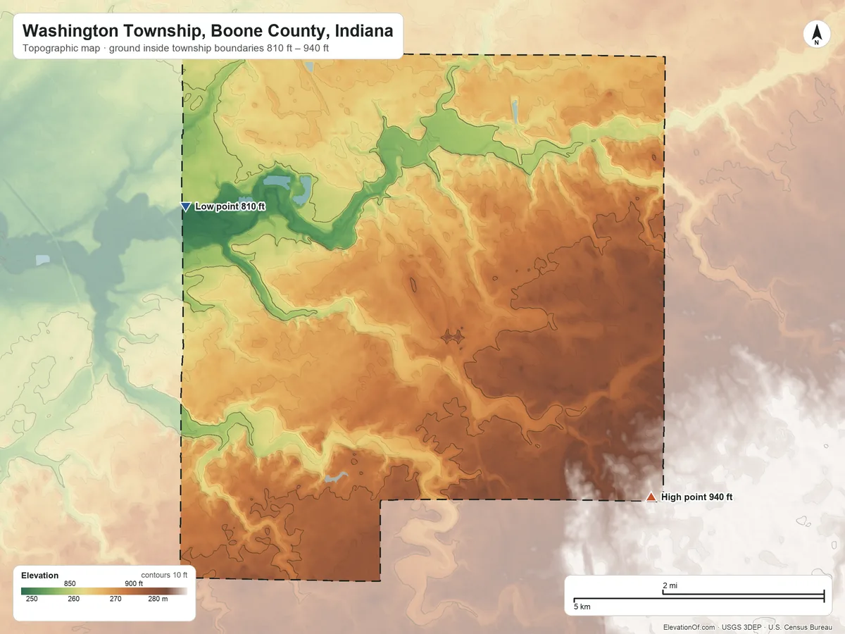 Topographic elevation map of Washington Township, Boone County, Indiana, shaded from 810 ft on the west side to 940 ft on the southeast side