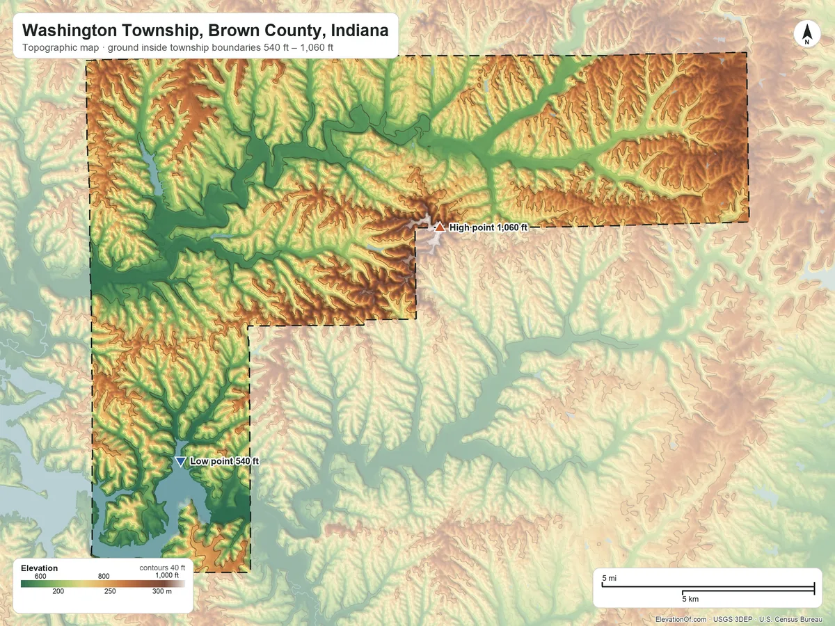 Topographic elevation map of Washington Township, Brown County, Indiana, shaded from 540 ft on the southwest side to 1,060 ft on Weed Patch Hill