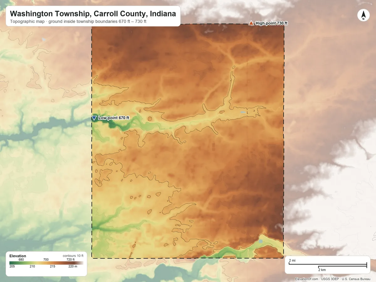 Topographic elevation map of Washington Township, Carroll County, Indiana, shaded from 670 ft on the northwest side to 730 ft on the north side