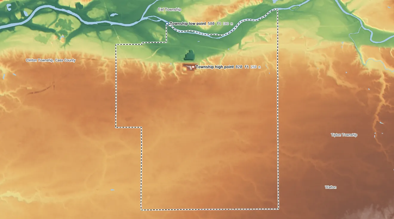 Topographic elevation map of Washington Township, Cass County, Indiana, shaded from 580 ft on the northwest side to 820 ft on Morgan Hill