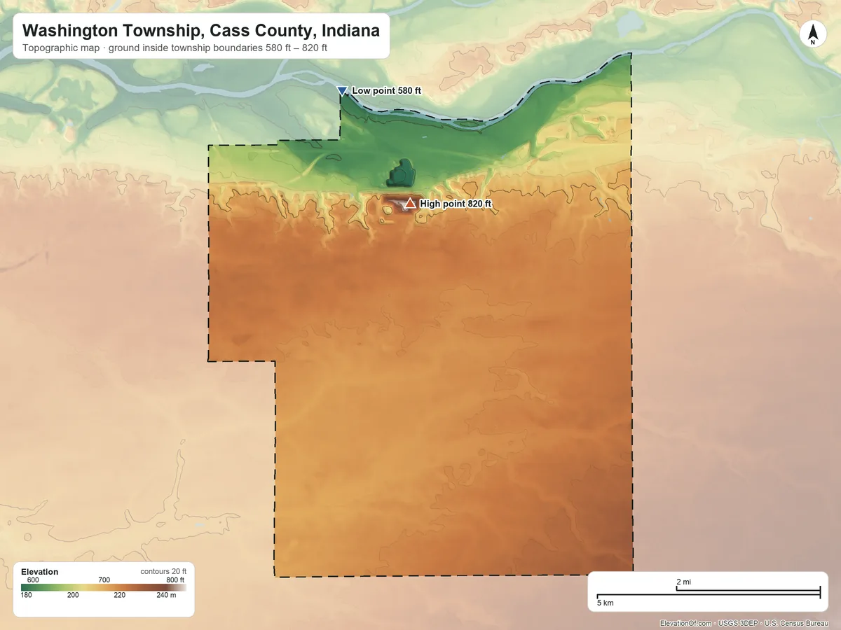 Topographic elevation map of Washington Township, Cass County, Indiana, shaded from 580 ft on the northwest side to 820 ft on Morgan Hill