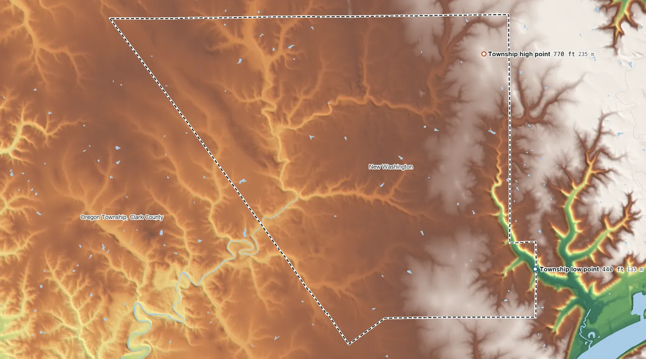 Topographic elevation map of Washington Township, Clark County, Indiana, shaded from 440 ft on the southeast side to 770 ft on the northeast side