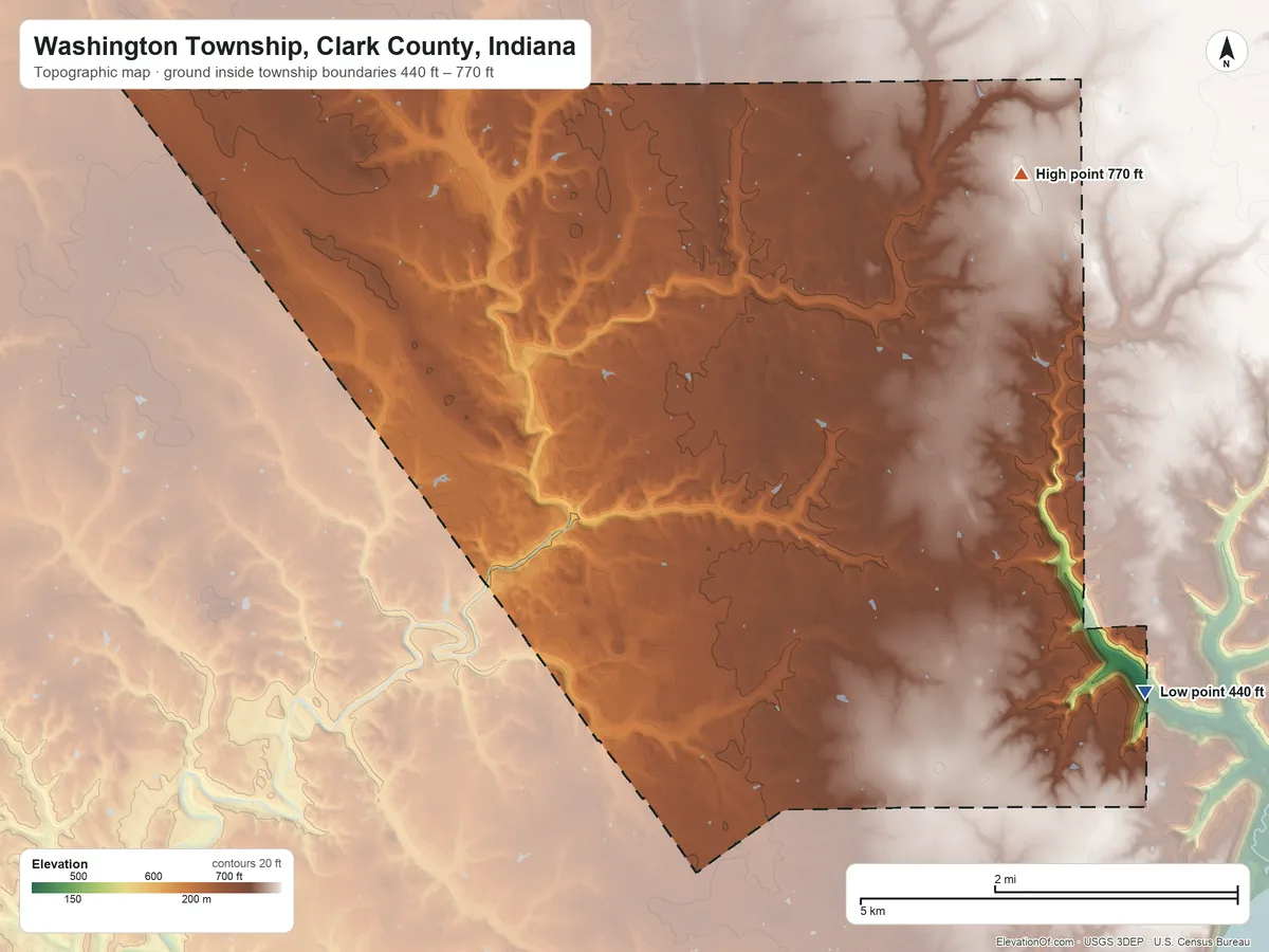 Topographic elevation map of Washington Township, Clark County, Indiana, shaded from 440 ft on the southeast side to 770 ft on the northeast side
