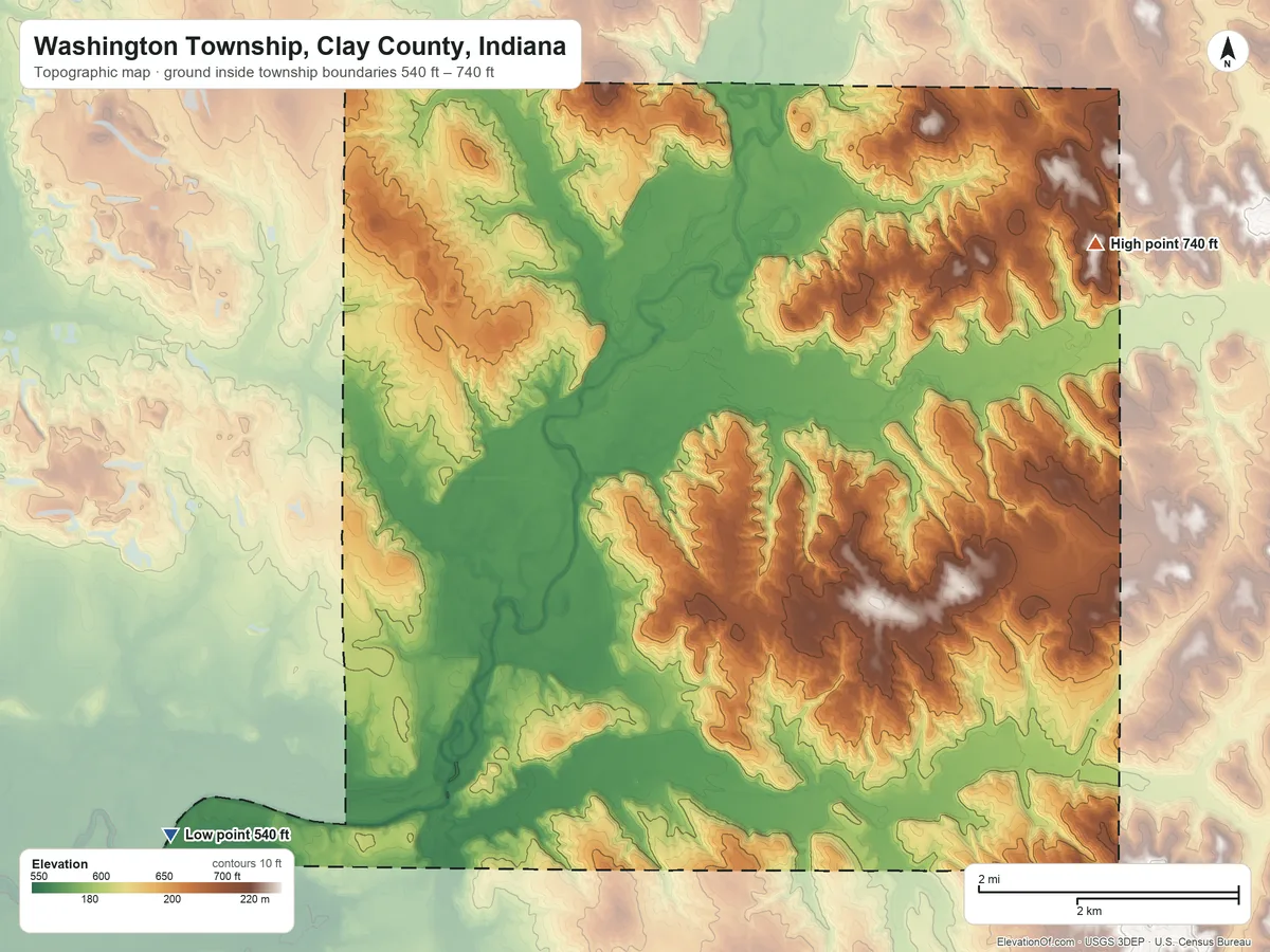 Topographic elevation map of Washington Township, Clay County, Indiana, shaded from 540 ft on the southwest side to 740 ft on the northeast side
