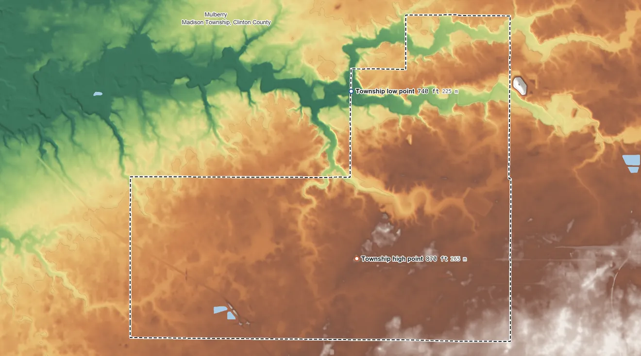 Topographic elevation map of Washington Township, Clinton County, Indiana, shaded from 740 ft on the north side to 870 ft on the southwest side