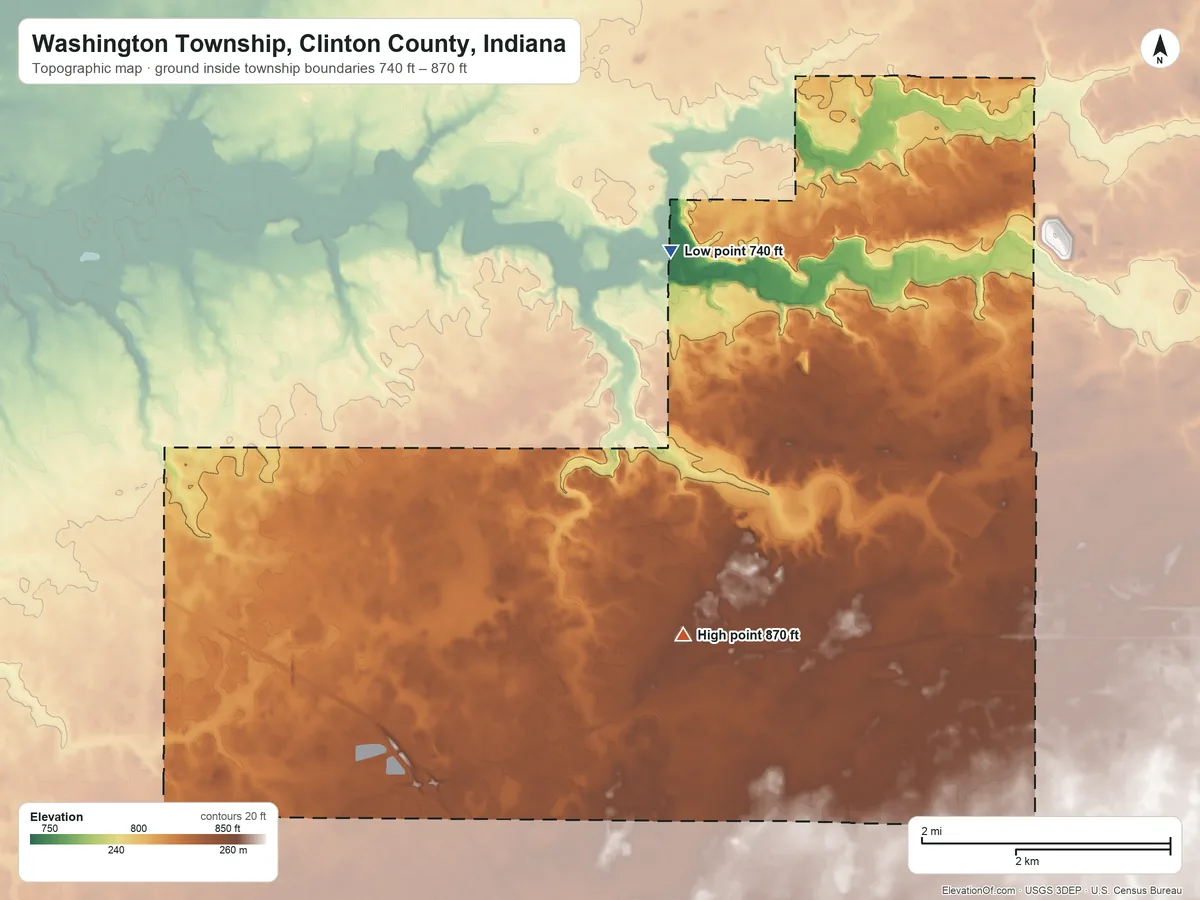 Topographic elevation map of Washington Township, Clinton County, Indiana, shaded from 740 ft on the north side to 870 ft on the southwest side