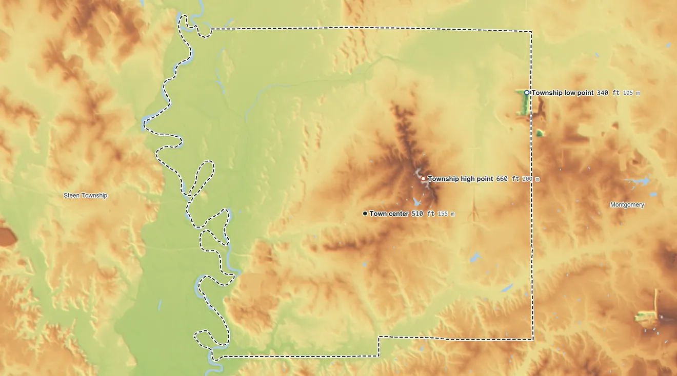 Topographic elevation map of Washington Township, Daviess County, Indiana, shaded from 340 ft on the northeast side to 662 ft on Sefert Hill