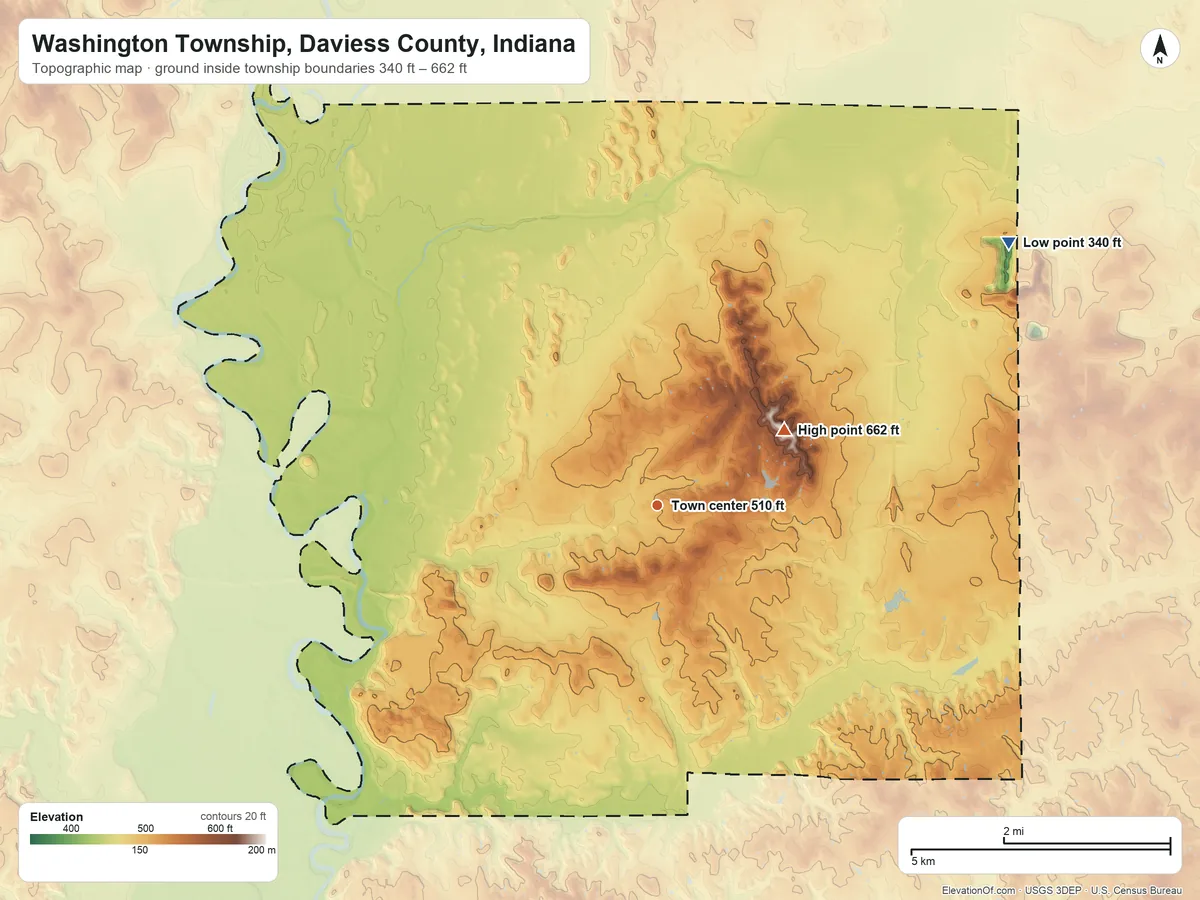 Topographic elevation map of Washington Township, Daviess County, Indiana, shaded from 340 ft on the northeast side to 662 ft on Sefert Hill