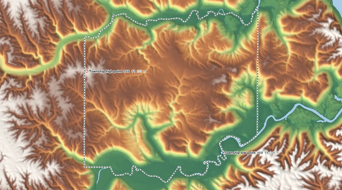 Topographic elevation map of Washington Township, Dearborn County, Indiana, shaded from 460 ft on the southeast side to 840 ft on the west side