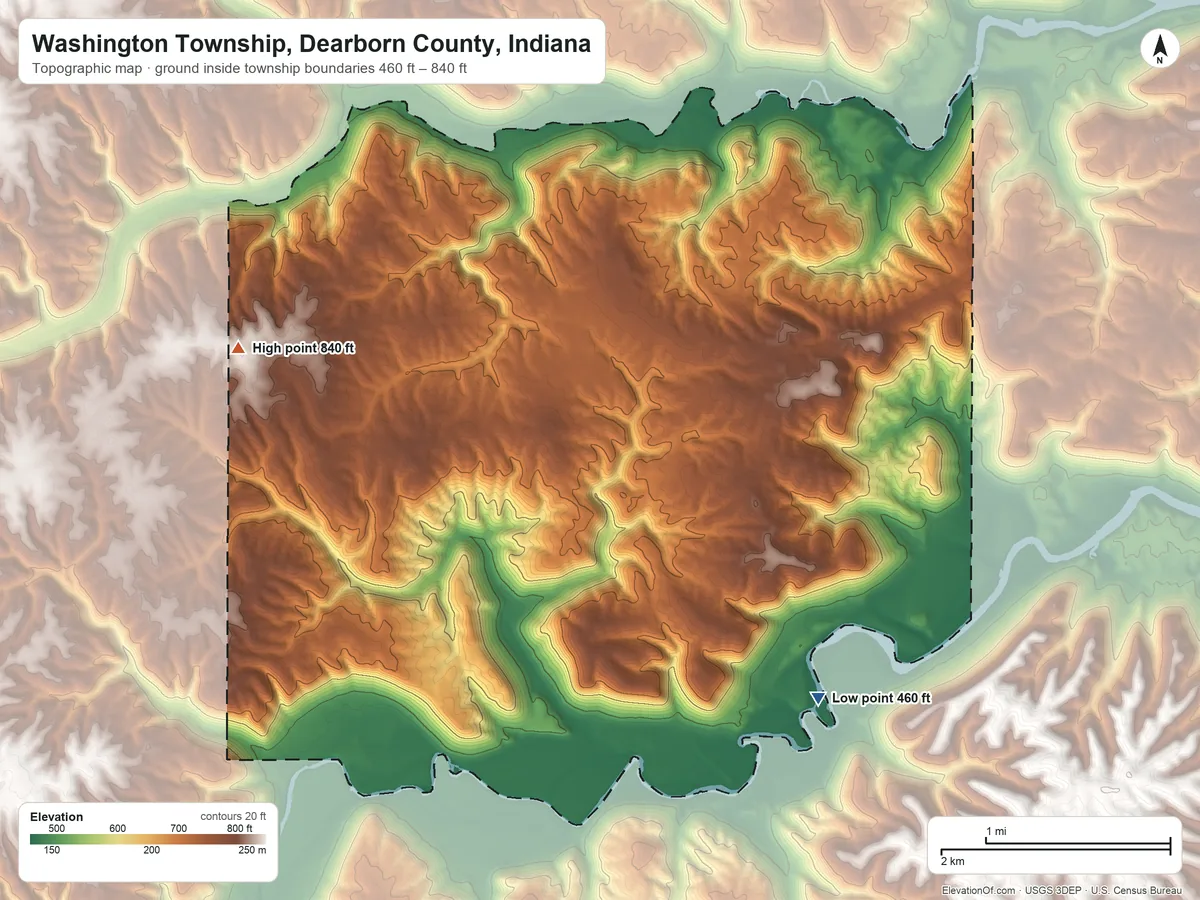 Topographic elevation map of Washington Township, Dearborn County, Indiana, shaded from 460 ft on the southeast side to 840 ft on the west side