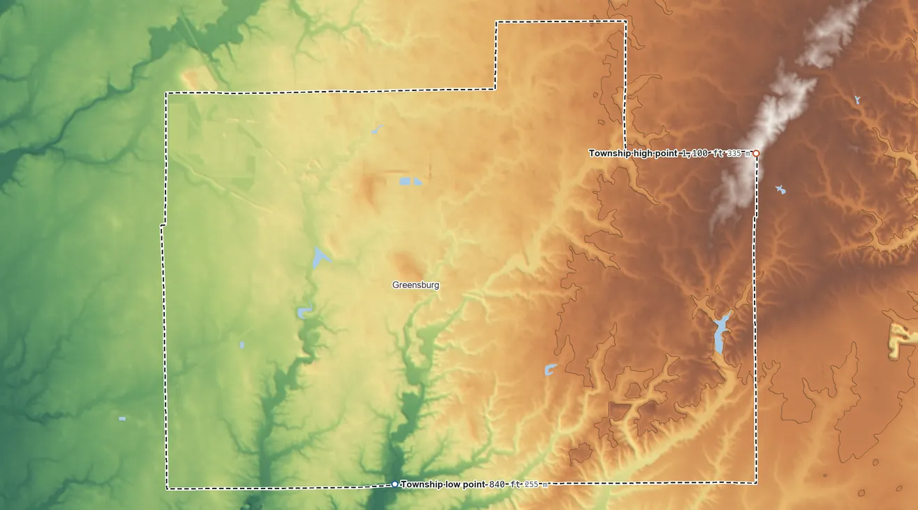 Topographic elevation map of Washington Township, Decatur County, Indiana, shaded from 840 ft on the south side to 1,100 ft on the east side