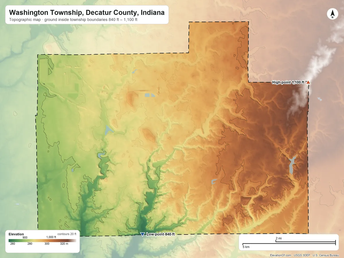Topographic elevation map of Washington Township, Decatur County, Indiana, shaded from 840 ft on the south side to 1,100 ft on the east side