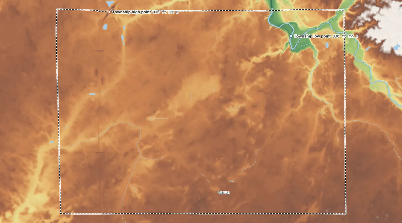 Topographic elevation map of Washington Township, Delaware County, Indiana, shaded from 830 ft on the north side to 910 ft on the northwest side