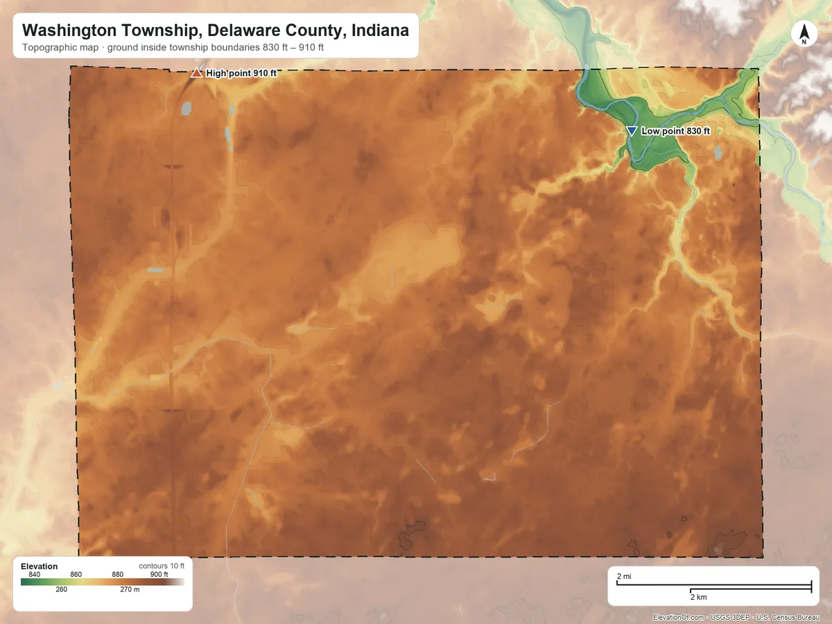 Topographic elevation map of Washington Township, Delaware County, Indiana, shaded from 830 ft on the north side to 910 ft on the northwest side