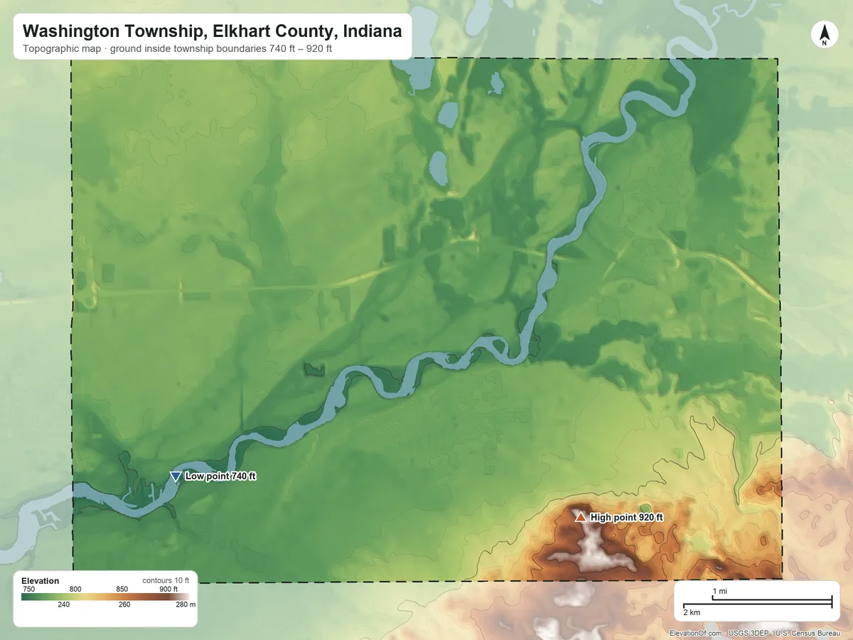 Topographic elevation map of Washington Township, Elkhart County, Indiana, shaded from 740 ft on the southwest side to 920 ft on the southeast side