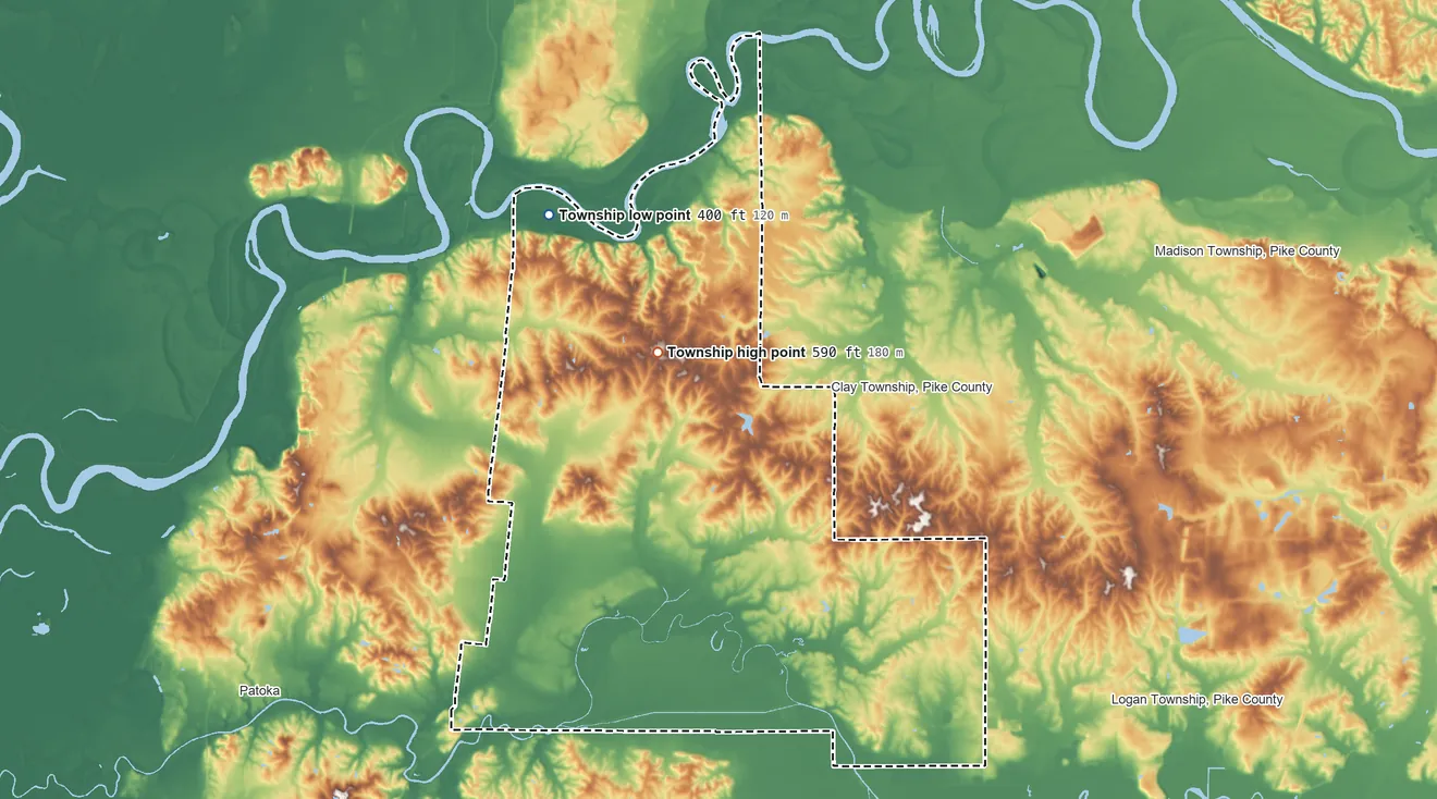 Topographic elevation map of Washington Township, Gibson County, Indiana, shaded from 400 ft on the northwest side to 590 ft on the northwest side