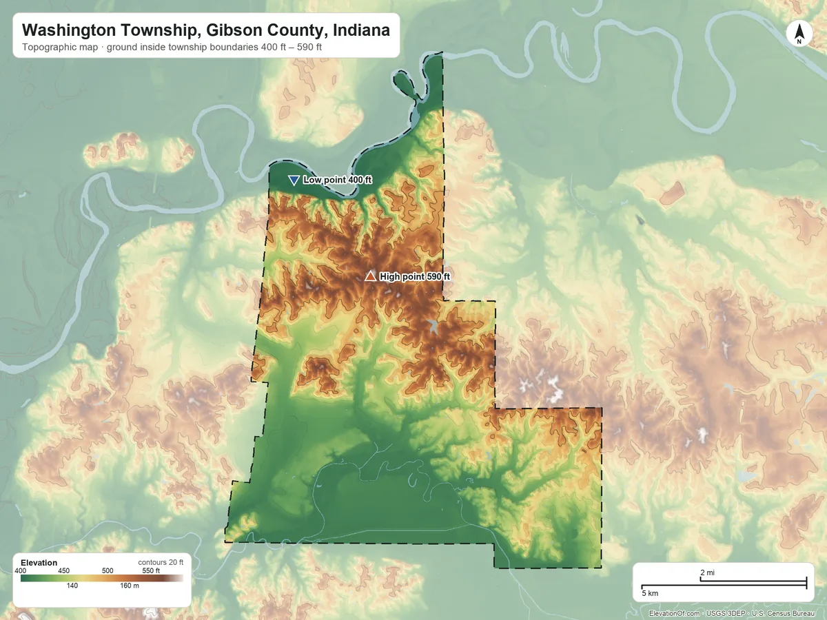 Topographic elevation map of Washington Township, Gibson County, Indiana, shaded from 400 ft on the northwest side to 590 ft on the northwest side