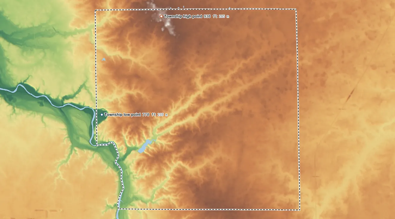 Topographic elevation map of Washington Township, Grant County, Indiana, shaded from 770 ft on the west side to 930 ft on the north side