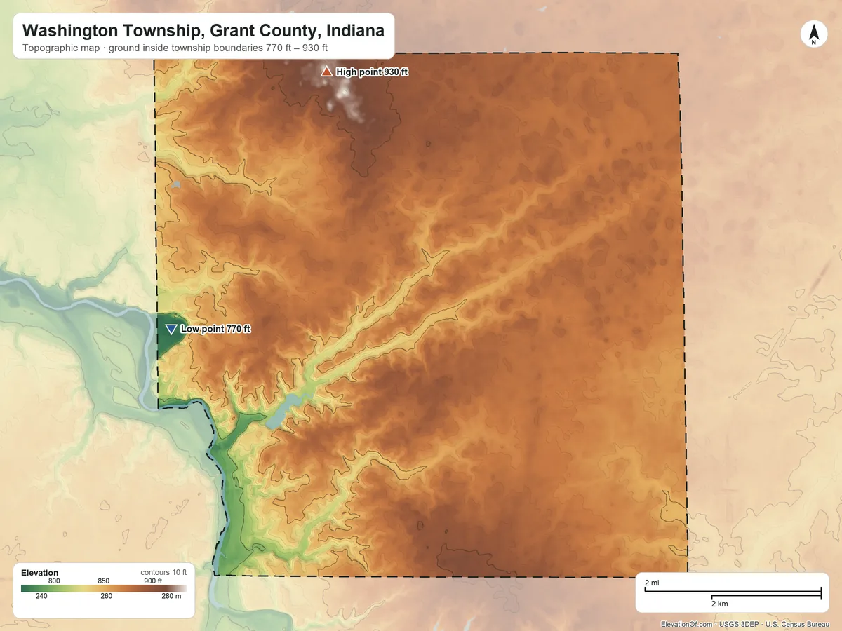 Topographic elevation map of Washington Township, Grant County, Indiana, shaded from 770 ft on the west side to 930 ft on the north side