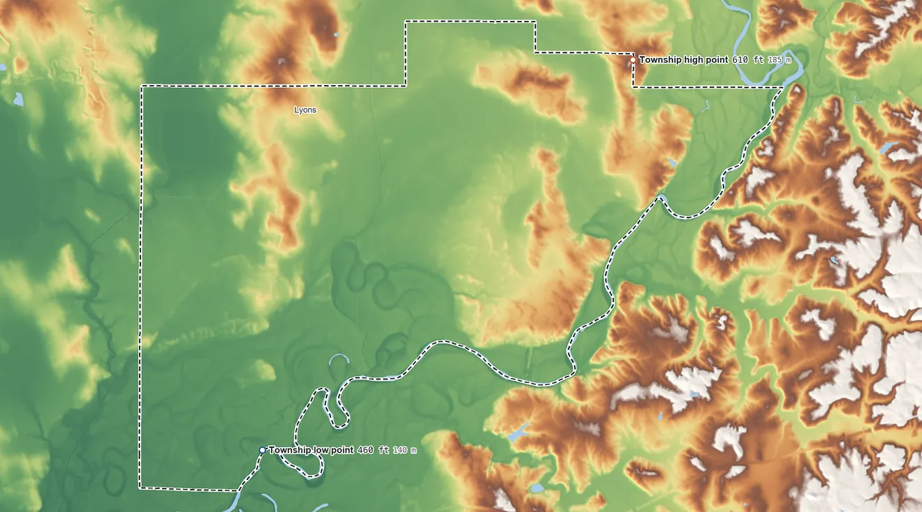 Topographic elevation map of Washington Township, Greene County, Indiana, shaded from 460 ft on the south side to 610 ft on the east side